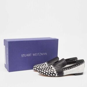 Stuart Weitzman Black/White Woven Leather Riviera Smoking Slippers